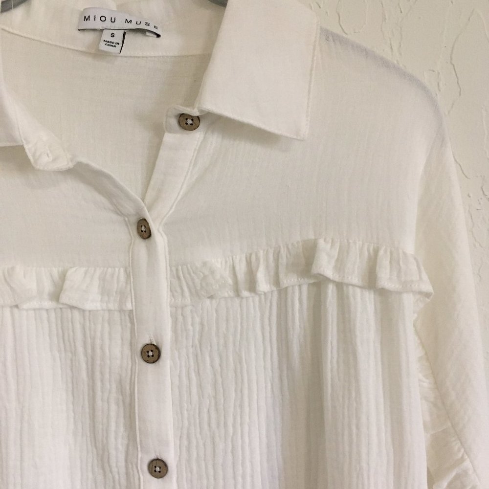 Women's White Button Down Shirt with Ruffle Detail - Picture 8 of 12